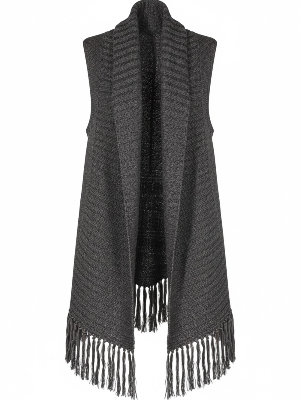 Sanctuary Charcoal Gray/Brown Sleeveless Fringed Open-Front Knit Vest